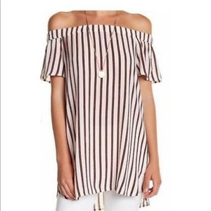 Dr2 Red Women’s Off-Shoulder Striped Hi-Lo Hem Blouse- size M
